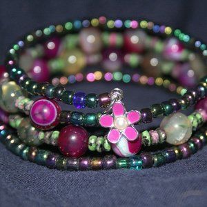 Magenta (Cranberry Red) Stone & Seed Bead Wrist Wrap Cuff Stacked Bracelet